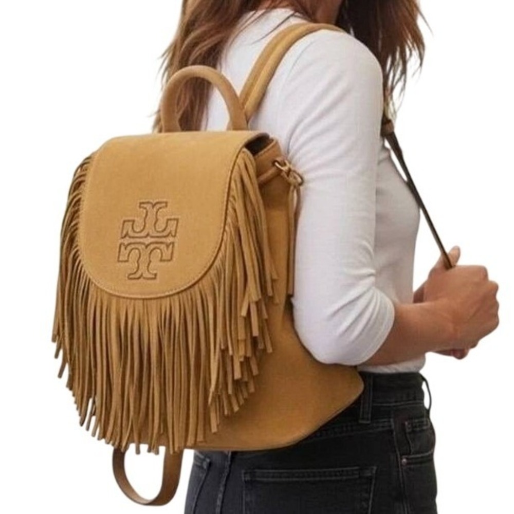 Tory Burch Harper Fringe Mini Backpack Otter Brown Nubuck Leather 34231 NWT